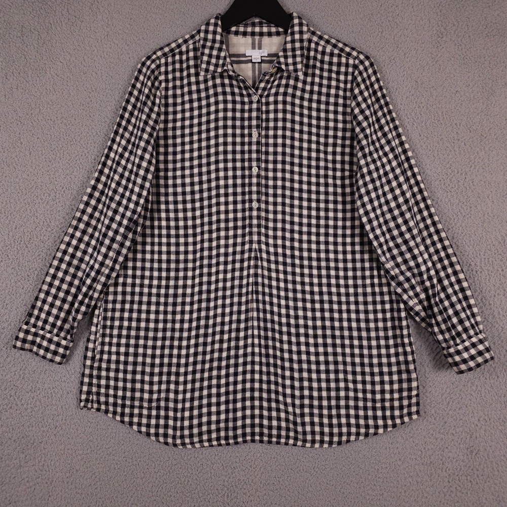 J Jill Shirt Womens Medium Black Gingham 1/2 Button Popover Tunic Top Pockets